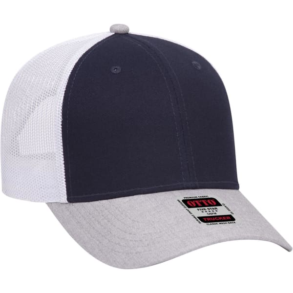 A navy and grey low profile trucker cap with a white mesh back and a label on the front.