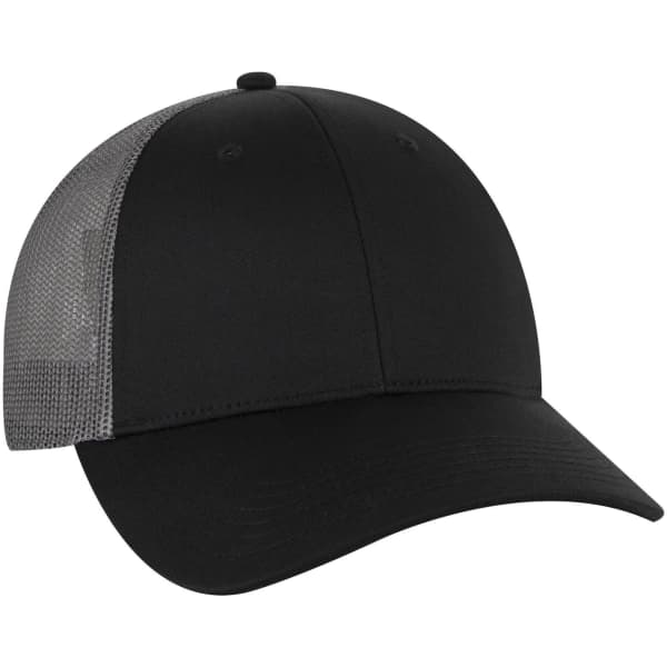A black and grey 6 panel low profile trucker cap with a curved brim and logo.