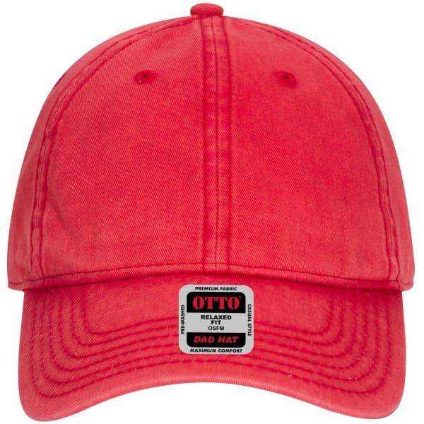 A red 6 panel low profile dad cap with a relaxed fit and branding label on the front.