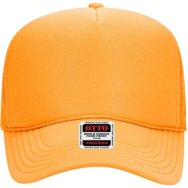 An orange 5 panel mid profile trucker cap featuring a mesh back and a logo label on the front.