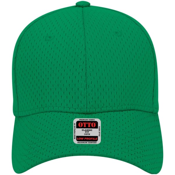 A green 6-panel low profile baseball cap with a mesh texture and a branded tag on the front.