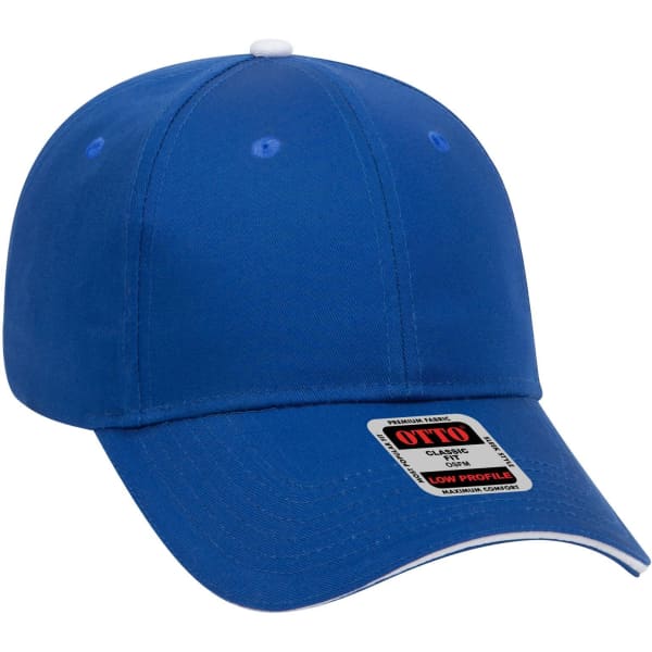 A blue 6-panel low profile baseball cap with a white button on top and a logo.