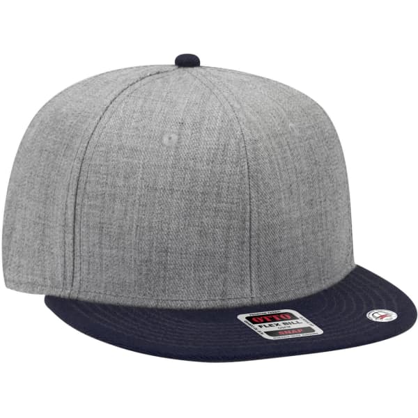 A grey mid-profile snapback cap featuring a navy peak and a logo on the side.