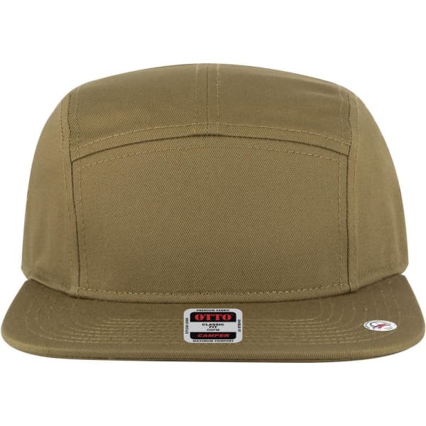 A 5 Panel Camper Hat in a khaki colour with a flat brim and a branded label on the front.