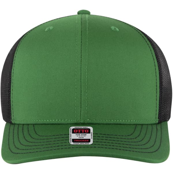 A green and black 6-panel mid-profile trucker cap featuring a front panel and mesh back, with a logo tag.