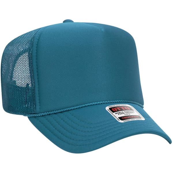 A blue 5 panel high crown trucker cap with a mesh back and a logo on the front.
