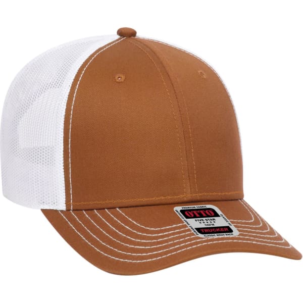 A brown and white 6 panel low profile trucker cap with a mesh back and an attached logo label.
