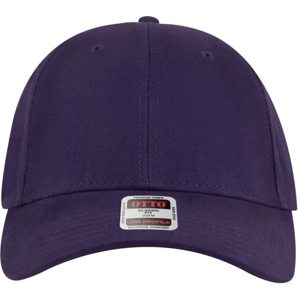 A purple 6 panel low profile baseball cap with a branded label and a curved brim.