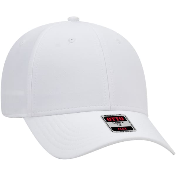 A white six-panel low profile baseball cap featuring a branded logo on the front.