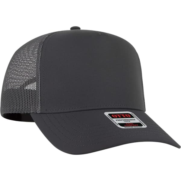 A grey 5-panel mid profile trucker cap with a mesh back and a branded label on the front.
