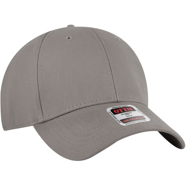 A grey 6 panel low profile baseball cap with a curved brim and a brand logo on the side.