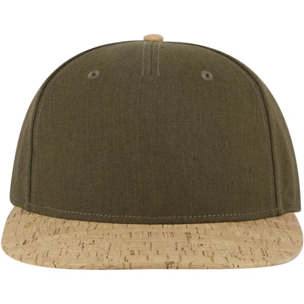 A five-panel snapback cap in olive green with a cork brim and a logo on the front.