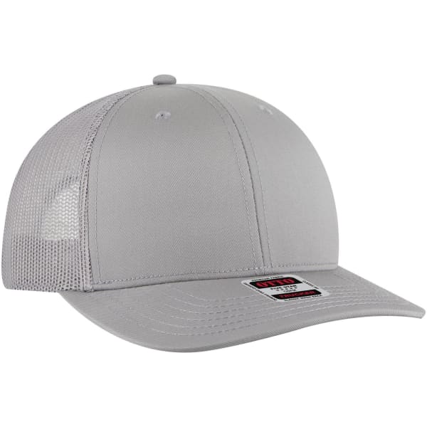 A grey 6 panel mid profile trucker cap featuring a mesh back and a logo on the front.