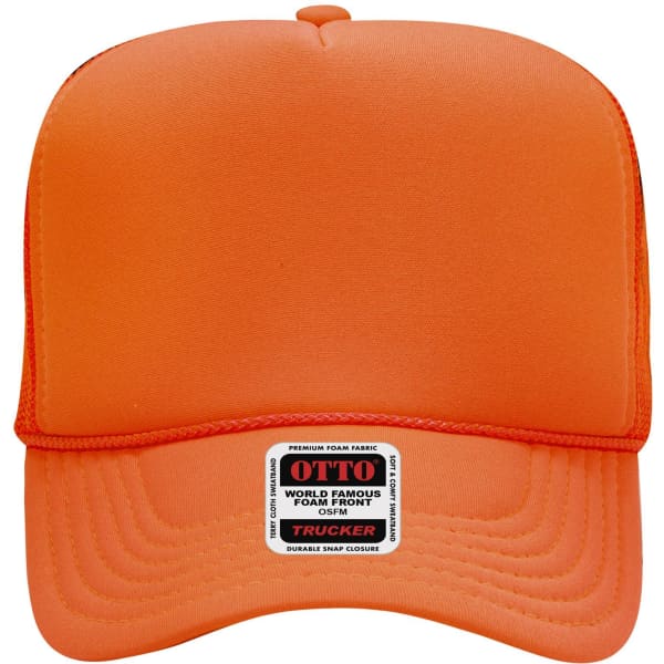 An orange 5 Panel High Crown Trucker Cap with a logo on the front and a durable snap closure.