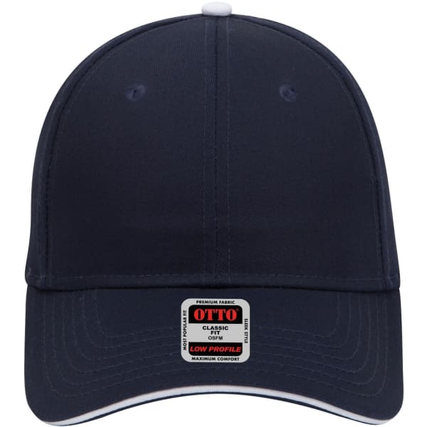 A navy 6 panel low profile baseball cap with a white trim and a logo on the front label.