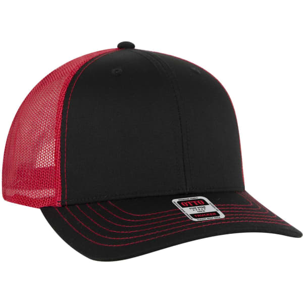 A mid-profile trucker cap featuring a black front and red mesh back, complete with a logo.