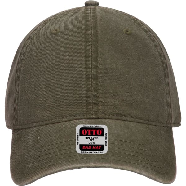 A low-profile dad cap in olive green featuring a logo, made from premium fabric for comfort.