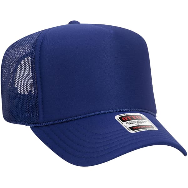 A high crown trucker cap in navy blue with a mesh back and a logo on the front.