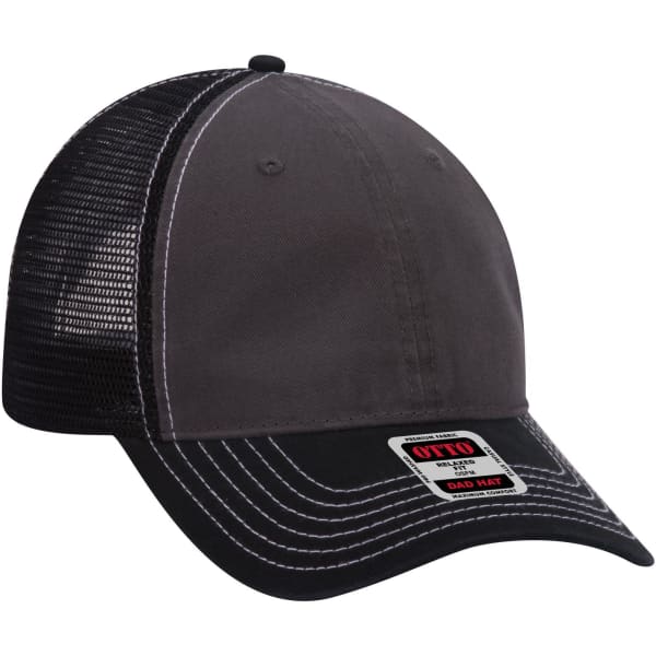 A grey and black 6 Panel Low Profile Trucker Dad Cap with a mesh back and a logo on the front.