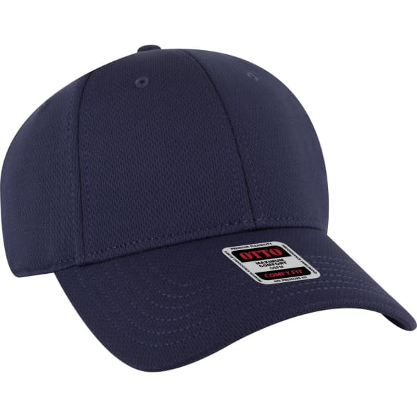 A navy blue low profile baseball cap with six panels and a branded tag.