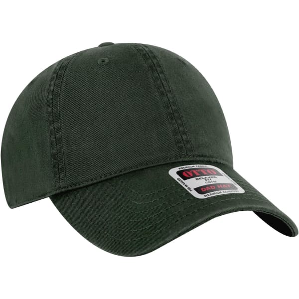 A dark green 6-panel low profile dad cap with a curved brim and a logo.