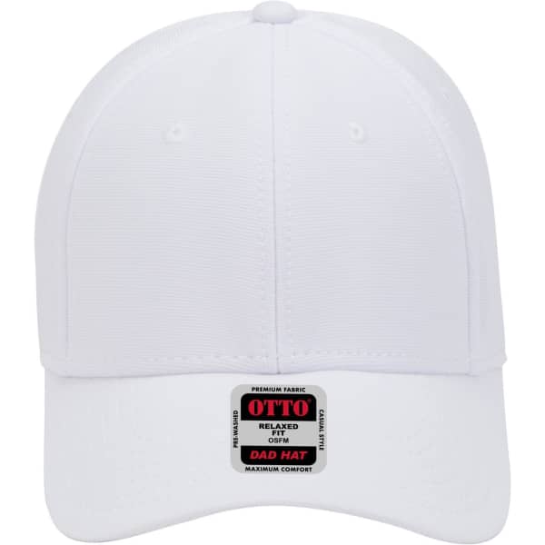 A white six-panel low profile baseball cap with a logo at the front and a tag on the brim.