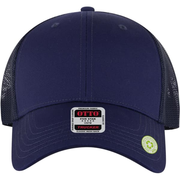 A navy Low Profile Trucker Cap with mesh panels and a logo on the front.