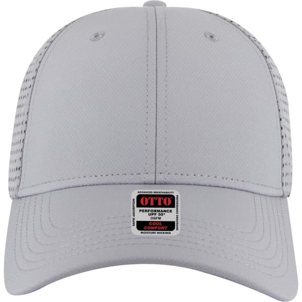 A grey 6-panel low profile baseball cap with a mesh back and a label on the front.
