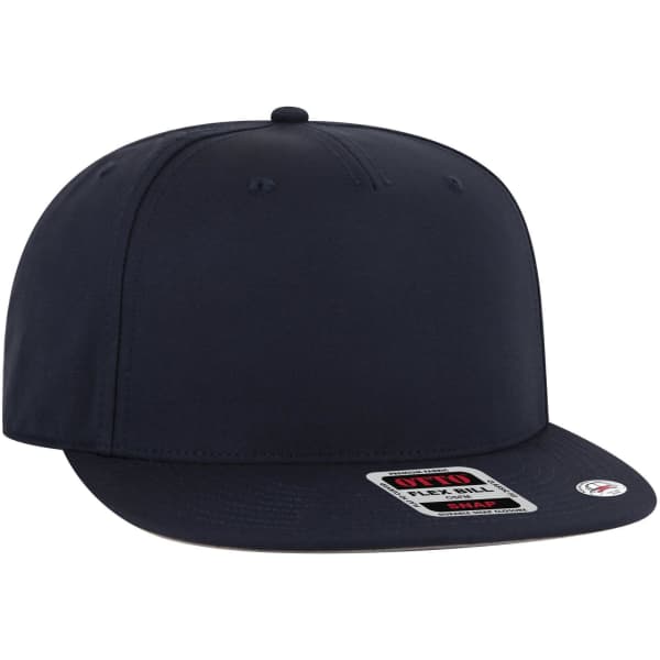 A navy snapback cap with a flat brim and a grey undervisor, featuring a logo on the front.