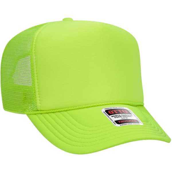 A bright lime green 5 panel high crown trucker cap with a mesh back and a woven label.