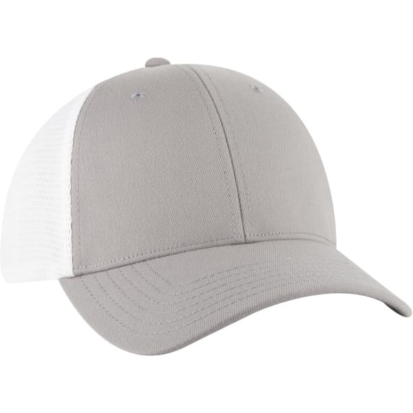 A grey trucker cap with a low profile and white mesh side panels, featuring a branding logo.