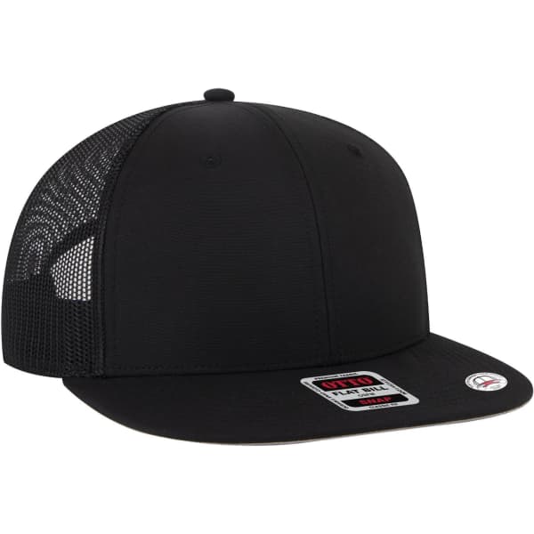 A black 6 panel mid profile trucker cap featuring mesh sides and a branded logo.
