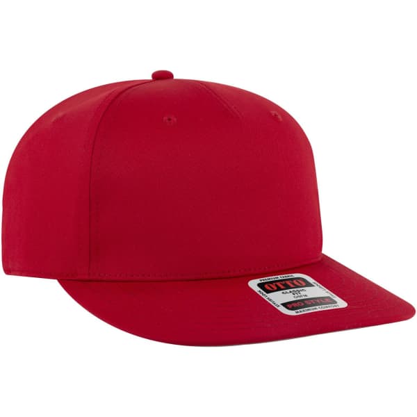 A red 5 Panel Pro Style Snapback Hat featuring a flat brim and a logo on the side.
