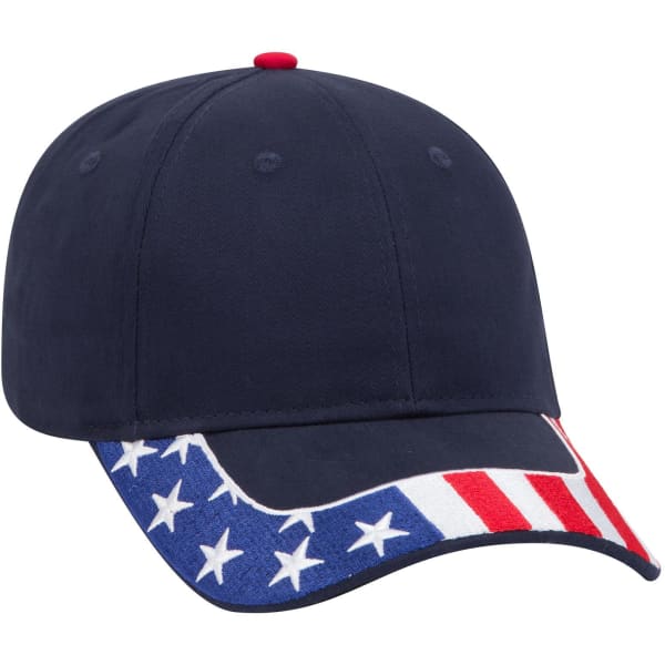 A navy blue baseball cap featuring a red button on top and a stars and stripes pattern on the brim. It has a logo.