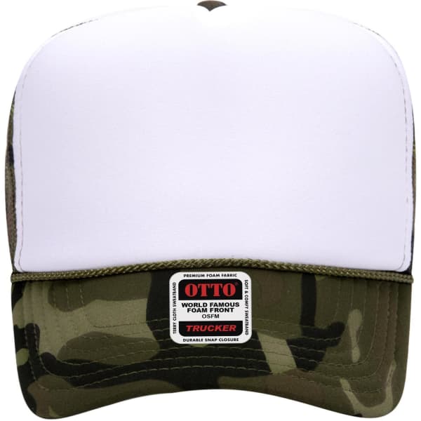 A high crown trucker cap with a white foam front and a camouflage patterned mesh back. It features a logo label on the front.
