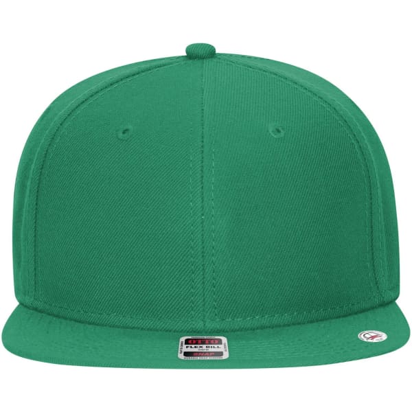 A green 6 panel mid profile snapback cap with a flat brim and an adjustable strap at the back.