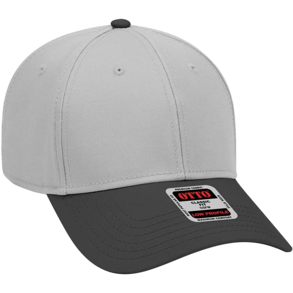 A six-panel low profile baseball cap featuring a grey body and a black brim, with a logo on the side.