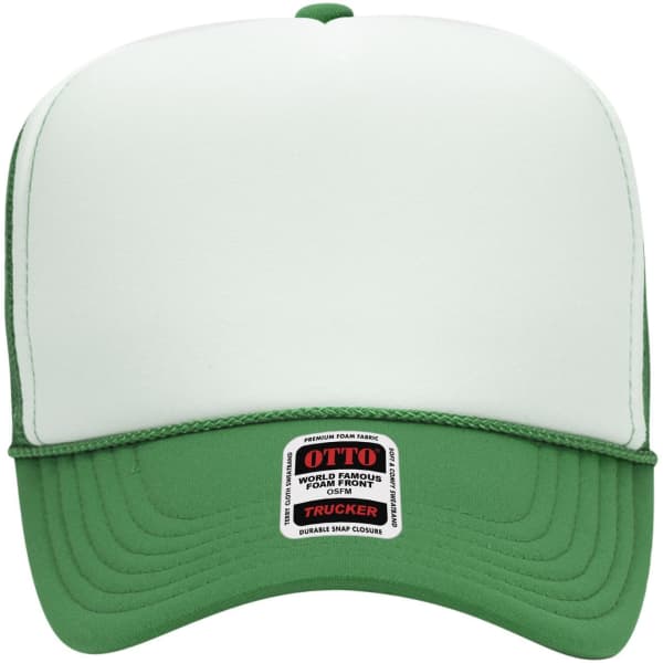 A high crown trucker cap in green with a white front panel, featuring a logo on the front.