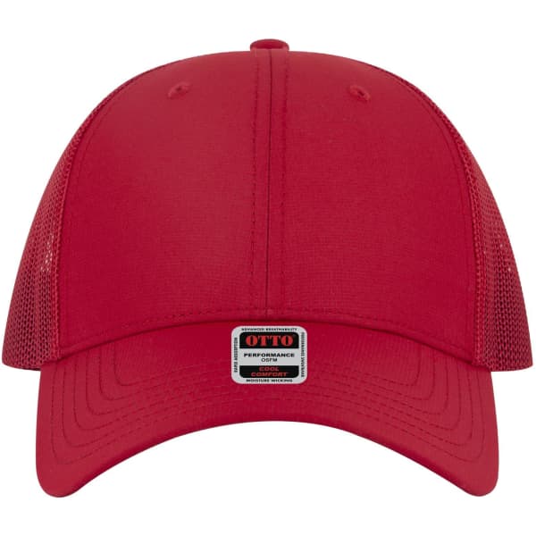 A red low profile trucker cap with mesh sides and a logo on the front.