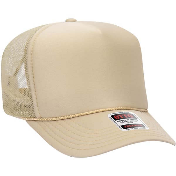 A beige 5 Panel High Crown Trucker Cap with mesh sides and a logo patch on the front.