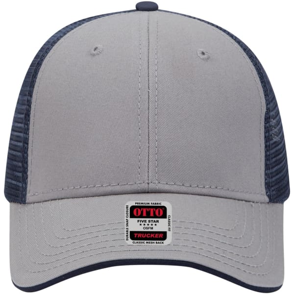 A grey and navy low profile trucker cap featuring a mesh back and a logo tag on the front.