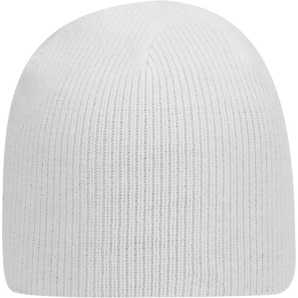 A white knit beanie with ribbed texture and a fitted design, featuring a branding logo.