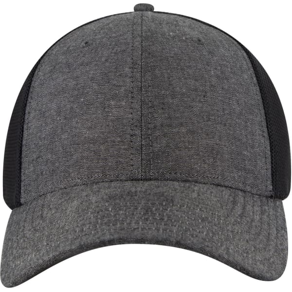 A low profile baseball cap featuring a grey fabric design and a mesh backing. Includes a logo on the front.