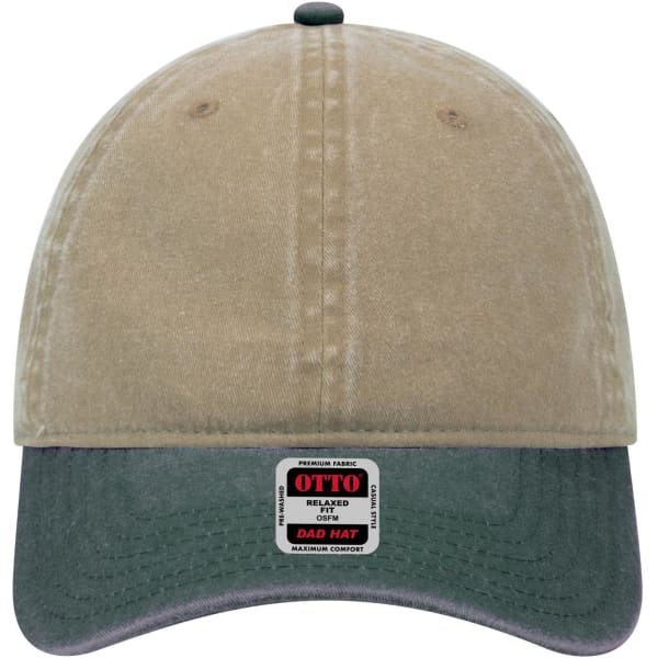 A low profile dad cap featuring a beige crown and a dark green visor, with a logo on the front.