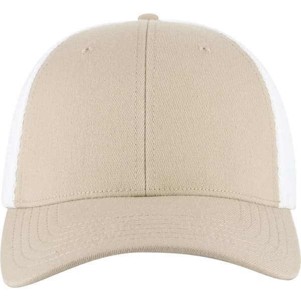 A beige trucker cap with white mesh panels and a low profile design, featuring a logo on the front.