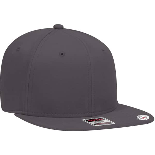 A grey 6 panel mid-profile snapback cap featuring a flat brim and a logo on the side.