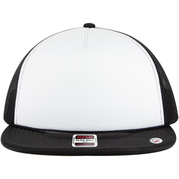 A 5 Panel Style Trucker Cap featuring a white front and black mesh sides, with a black flat brim and a logo.