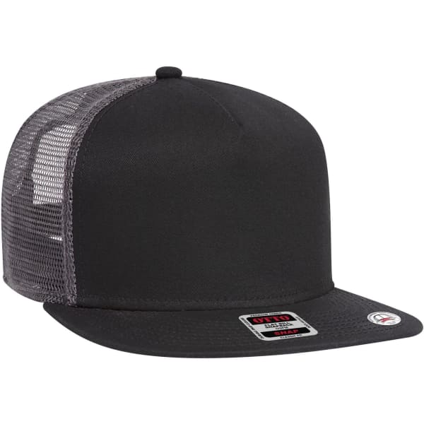 A black 5-panel mid profile trucker cap featuring a mesh back and a flat brim, with a logo on the side.