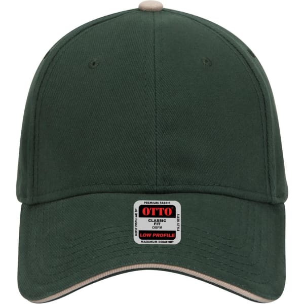 A green 6 panel low profile baseball cap featuring a contrasting beige peak and a logo on the front.