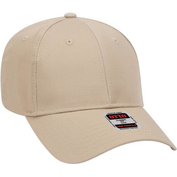 A beige 6 panel low profile baseball cap with a logo on the side, featuring a curved brim and adjustable back.